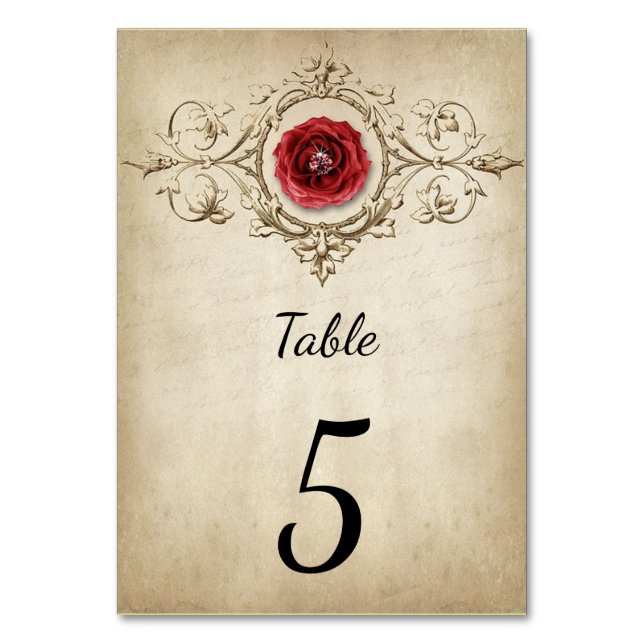 Vintage Antique Red Rose Table Number Card (Front)