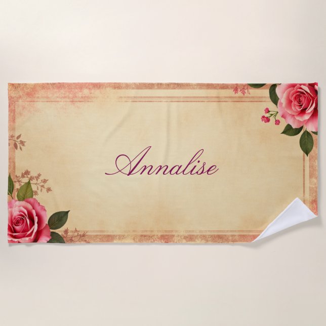 Vintage Antique Rose Customizable Beach Towel (Front)