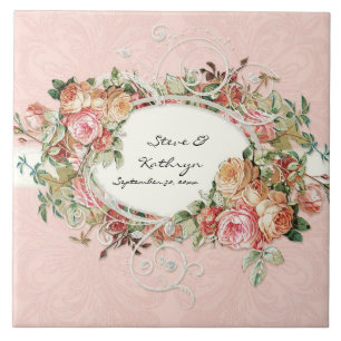 Vintage Antique Roses Floral Bouquet Modern Swirls Tile
