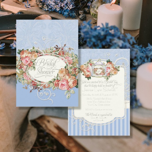 Vintage Antique Roses Floral Bouquet Periwinkle Invitation (Creator Uploaded)