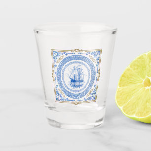 Vintage antique royal blue ship decorative border shot glass