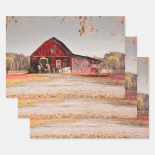 Vintage Antique Rustic Texture Sketch Art Red Barn Wrapping Paper Sheet