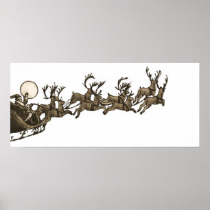 Vintage Antique Sepia Santa Sleigh Reindeers Poster