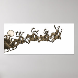 Vintage Antique Sepia Santa Sleigh Reindeers Poster