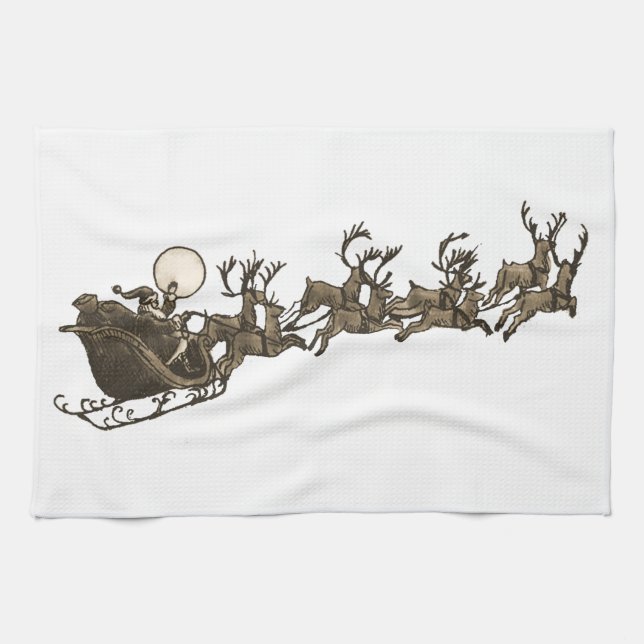 Vintage Antique Sepia Santa Sleigh Reindeers Tea Towel (Horizontal)