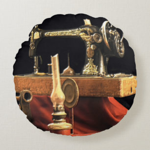 Vintage Antique Sewing Machine Round Pillow