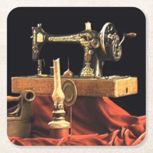 Vintage Antique Sewing Machine Square Paper Coaster