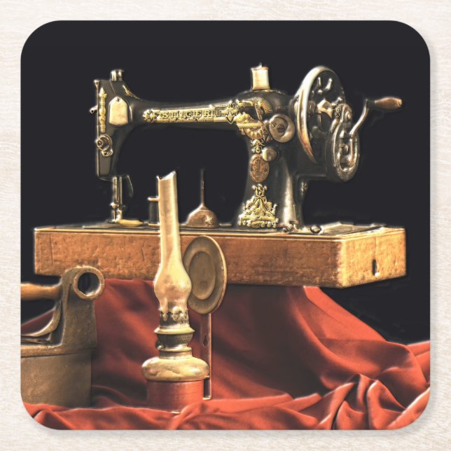 Vintage Antique Sewing Machine Square Paper Coaster (Front)