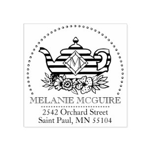 Vintage Antique Stripe & Floral Teapot Monogram Rubber Stamp