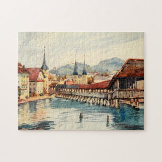 Vintage Antique Switzerland Lucerne Chapel Bridge Jigsaw Puzzle