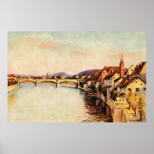 Vintage Antique Switzerland Rhine River Basel Poster (Front)