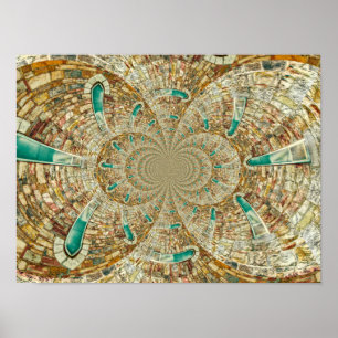 Vintage Antique Teal Brown Abstract Church Windows Poster