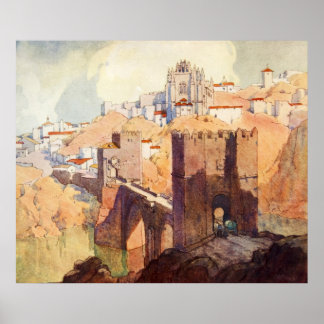 Vintage Antique Toledo Landscape Watercolor Poster
