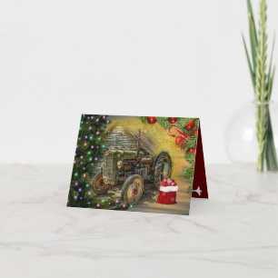 Vintage Antique Tractor Christmas Tree Rustic Barn Holiday Card