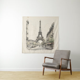 Vintage antique travel illustration of Paris Tapestry