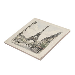 Vintage antique travel illustration of Paris Tile
