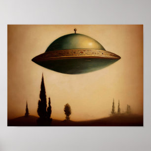 Vintage Antique UFO Art Painting Poster
