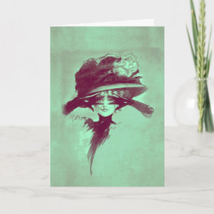 Vintage Antique Woman Bright Eyes Hat Plume Card
