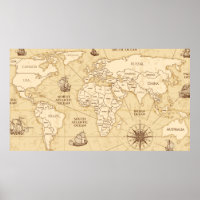 Vintage antique world map with countries boundarie