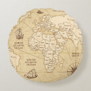 Vintage antique world map with countries boundarie round cushion