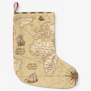 Vintage antique world map with countries boundarie small christmas stocking