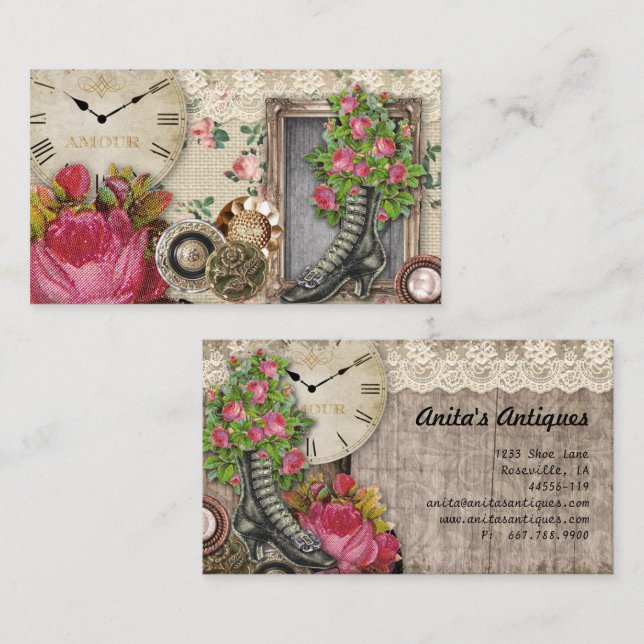 Vintage Antiques Shoe Buttons Clock Business Card (Front/Back)