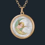 *~* Vintage AP40 Classic Angels Gold MOON  Gold Plated Necklace<br><div class="desc">(search id AP40 for similar designs) Transfer to other products if you like. Vintage ROUND Gold NECKLACE with sweet classic art of a young girl Angel leaning on the green and gold Moon. * Energetically Enhanced Romantic Vintage Retro Antique ANGEL faux Glitter diamond pave Background. The little angel is comfortable...</div>