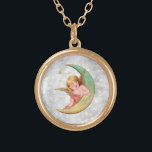 *~* Vintage AP40 Classic Victoria Angel Moon Gold Plated Necklace<br><div class="desc">(search id AP40 for similar designs) Transfer to other products if you like. Vintage ROUND Gold NECKLACE with sweet classic art Angel. * Energetically Enhanced Romantic Vintage Retro Antique Silver Glitter with the crescent MOON faux Glitter diamond pave Background. The little angel in comfortable leaning on the moon. ----------- As...</div>
