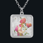 *~* Vintage AP40 Flowers Pink Fairy Silver Silver Plated Necklace<br><div class="desc">FAIRY FLOWER SQUARE NECKLACE (search id AP40 for similar designs on various products - Silver Flower Moon Star Vintage FAIRY - SQUARE NECKLACE. * Energetically Enhanced Romantic Vintage Retro Antique Glitter and tiny PINK FLOWER and a little FAIRY beneath the sweet pink Flowers shaped like bells are on a faux...</div>