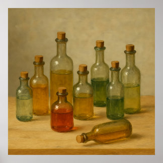 Vintage Apothecary Bottles Still Life – Warm Tones Poster