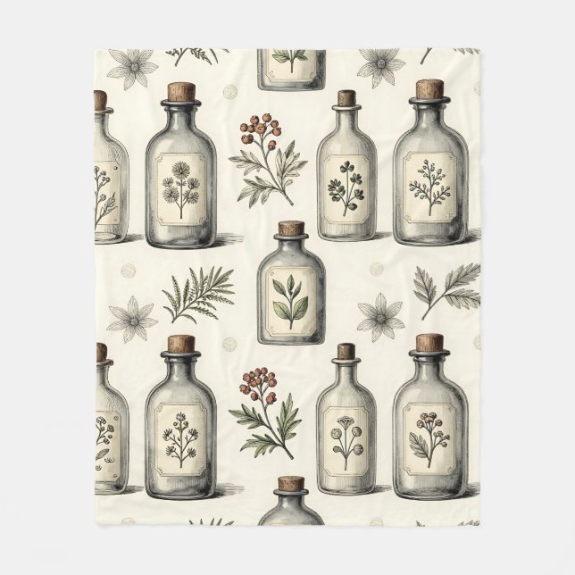 Vintage Apothecary Herb Bottles Pattern Fleece Blanket (Front)