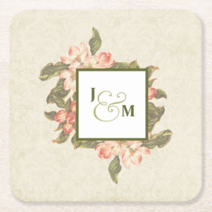 Vintage Apple Blossom Wedding   Initials Square Paper Coaster
