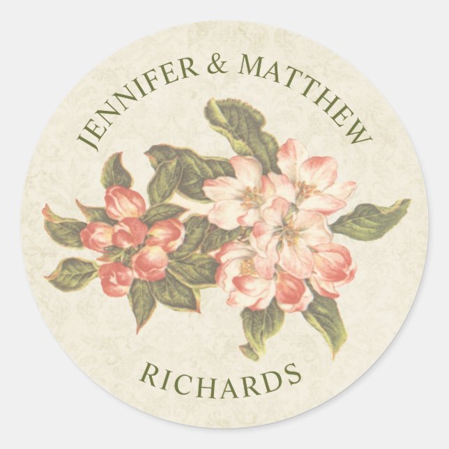 Vintage Apple Blossom Wedding | Name Classic Round Sticker (Front)