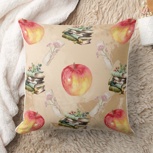 Vintage Apple & Book Pattern – Cosy Fall Vibe Cushion (Blanket)