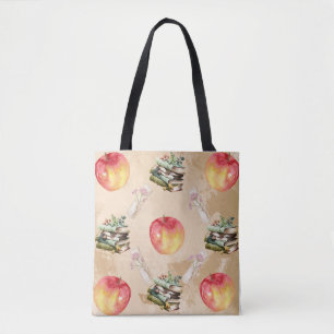 Vintage Apple & Book Pattern – Cosy Fall Vibe Tote Bag