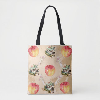 Vintage Apple & Book Pattern – Cosy Fall Vibe Tote Bag