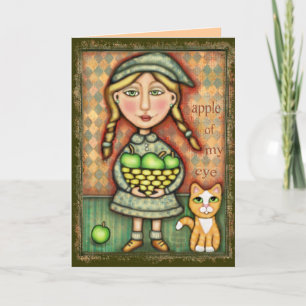 Vintage Apple Girl & Cat Art Greeting Card