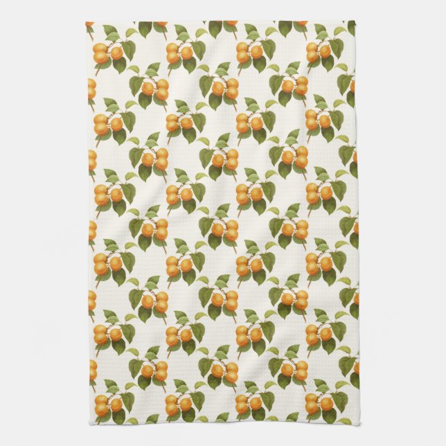 Vintage Apricot Fruit Orchard Pattern Tea Towel (Vertical)