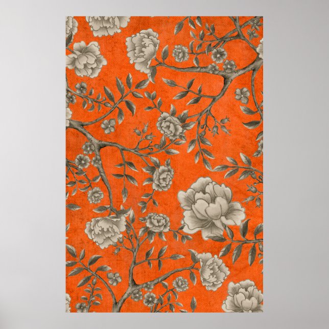 Vintage Apricot Orange Botanical Chinoiserie Art Poster (Front)