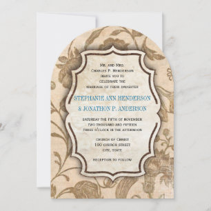 Vintage Aqua  and Brown Floral Pattern Wedding Invitation