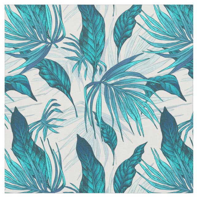 Vintage Aqua and Teal Tropical Pattern Fabric (Close Up)