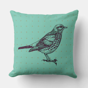 VINTAGE AQUA BIRD DESIGN Retro Throw Pillow