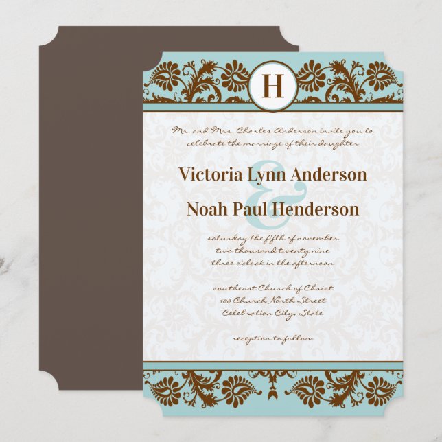  Vintage Aqua Blue and Brown Damask Wedding Invitation (Front/Back)