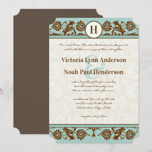  Vintage Aqua Blue and Brown Damask Wedding Invitation