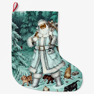 Vintage Aqua Blue Black Santa Christmas Stocking