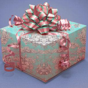 Vintage Aqua Blue Floral French Toile de Jouy Wrapping Paper