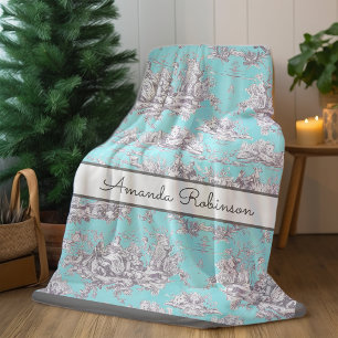 Vintage aqua blue floral lake toile de jouy fleece blanket
