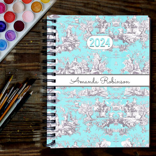 Vintage Aqua Blue Floral Toile De Jouy Monogram Planner