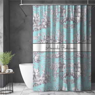 Vintage Aqua Blue Floral Toile de Jouy Monogram Shower Curtain