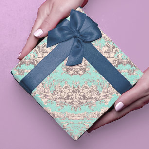 Vintage Aqua Blue French Country Floral Toile Wrapping Paper Sheet